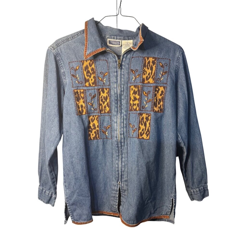 VTG Erika & Co Womens Medium‎ Leopard Patchwork Denim Zip Shirt Contrast Stitch